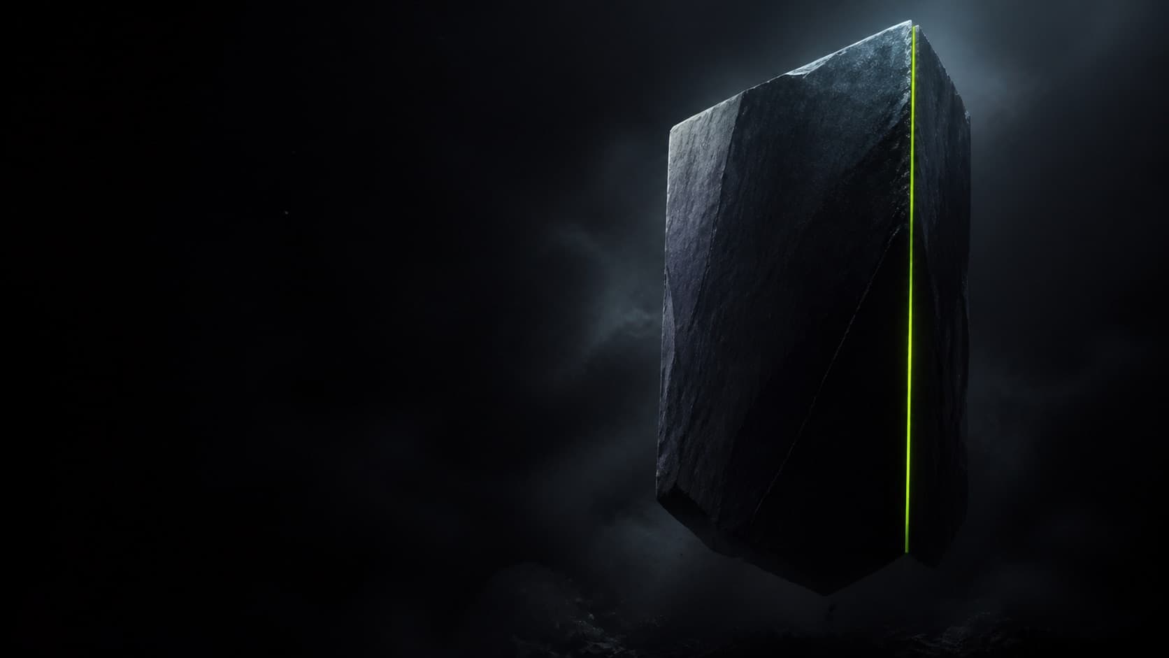An obsidian monolith edge-lit in lime, representing a technology stack you fully own